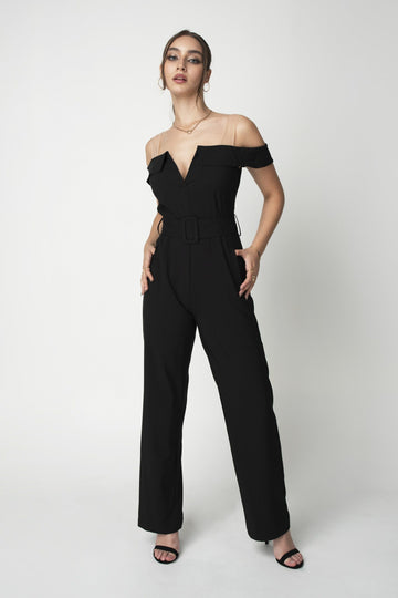 Black Off-Shoulder Belted Shirt Jumpsuit Double Second